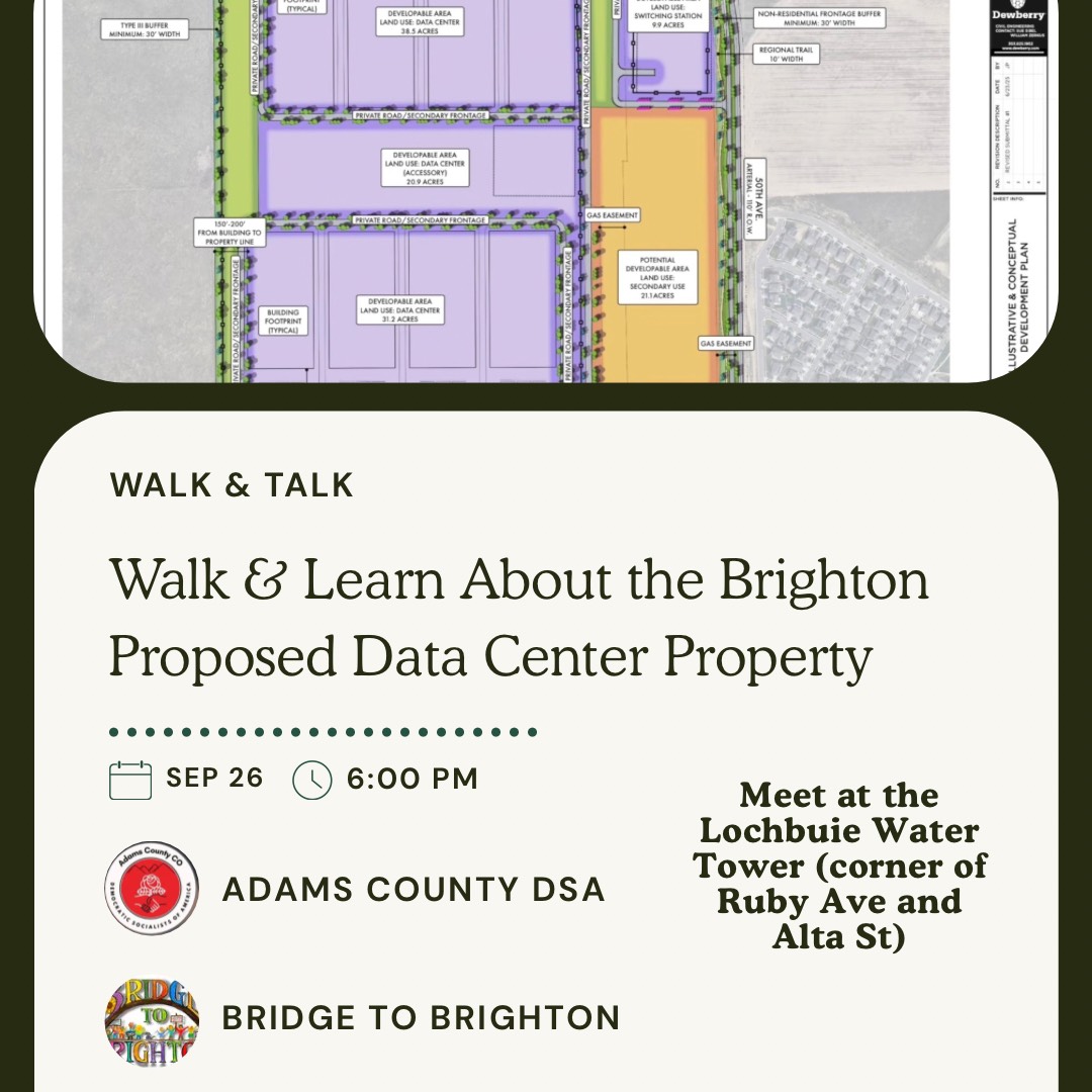 Community flyer for the September 26 Walk and Talk about the proposed Brighton data-center property